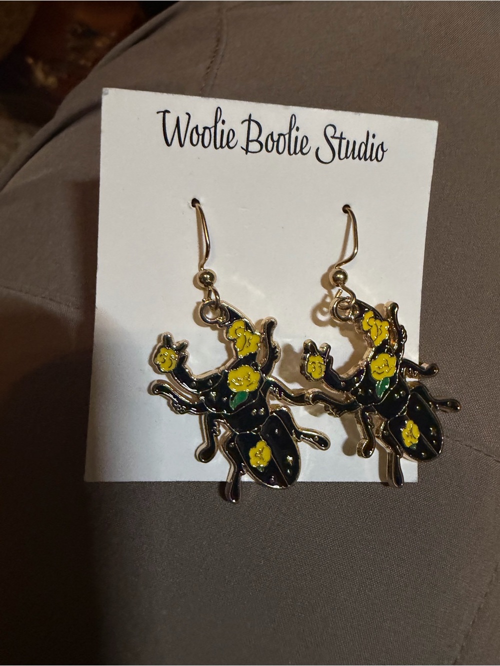 Woolie Boolie Studio Beetle Flower Dangle Earrings - Black & Yellow